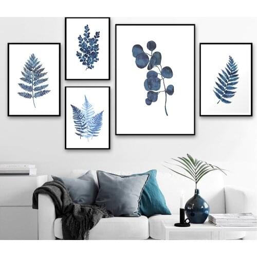 Canvas Painting Nordic Style Ink Blue leaves Plant Poster Abstract Wall Art Prints Picture for Kids Living Room Decoration