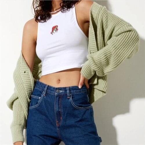 Summer Women Cute Angel Mushroom Embroidery Printed Sleeveless Crop Tops Ladies Stylish Tank White All-Match Camis