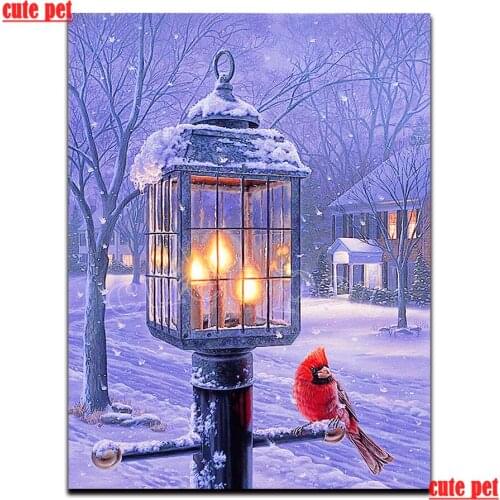 5D DIY Diamond Painting set Street lamp and bird in winter snow cross stitch full diamond embroidery mosaic Christmas gifts