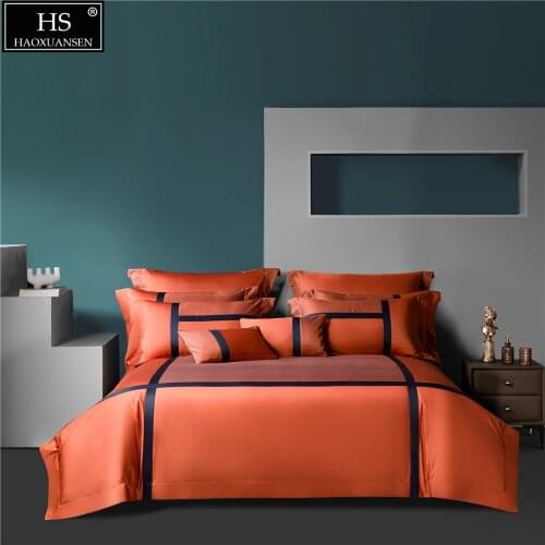 Dreamy Orange Blue Striped Square Design Bedding Sets 4Pieces Yarn Dyed Jacquard Bed Linens Duvet Cover Pillowcase Bedsheet