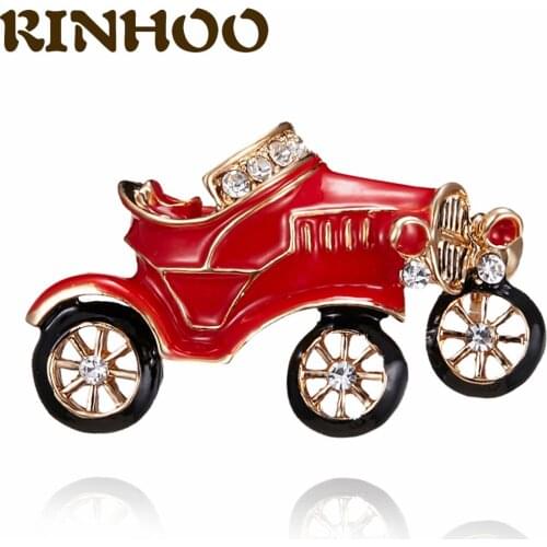 RINHOO Red Rhinestone Convertible Antique Car Brooches For Women Men Enamel Pins Transportation Party Casual Office Jewelry Gift