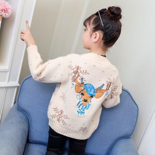 Girls Christmas Sweater Coat Spring Fall Foreign Trade Childrens Knitted Cardigan Kids Students Deer Embroidered Knitwear B331