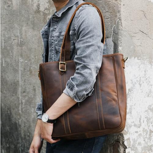 Luufan Male Larger Capacity Handbag Genuine Leather Design Tote Fit 15 inch Laptop Shoulder Bag Fashion Travel Suitcase Tote Bag