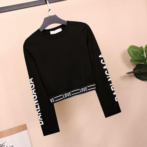 100% Cotton Spring And Autumn New Korean Alphabet Printed Long Sleeve T-Shirt Womens Loose Fashion Short High Waist Top2021