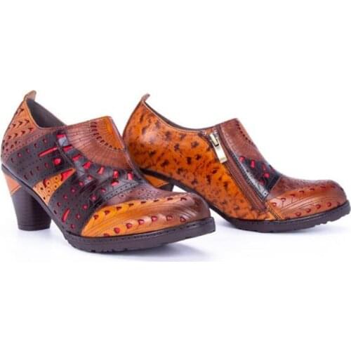 Embossed Women Boots Genuine Leather Retro Buckle Zipper 6CM Thick High Heel Ankle Boots Elegant Shoes Hollow out Women Shoes