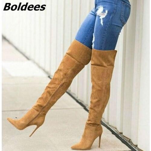 Awesome Women Chic Solid Brown Suede Knee High Stiletto Heel Boots Sexy Pointed Toe Side Zip Long Boots Pretty Girls Love Shoes