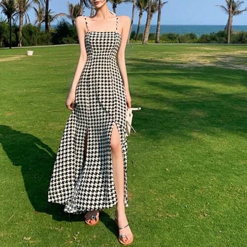 Elegant Vintage Strap Plaid Dress Women Summer Designer Sexy Party Split Dress French Retro Outdoor Spaghetti Long Dress