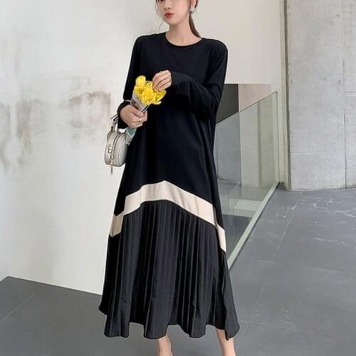 SHENGPALAE Minimalist Patchwork Dress Womens Spring 2021 New Round Neck Pleated Simple Short Sleeve Mid-calf Dresses QB449