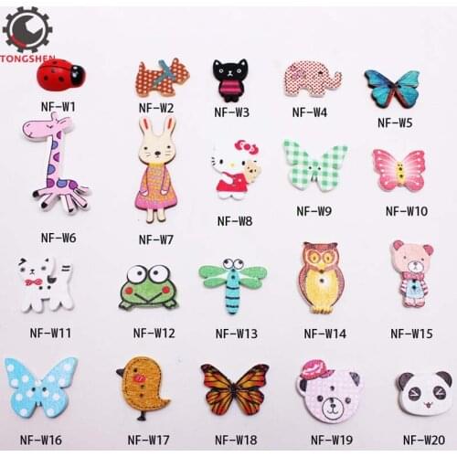 100Pcs Mixed Cartoon Animal 2 Holes Wooden Buttons for crafts accessories decorativos botones de madera para manualidades