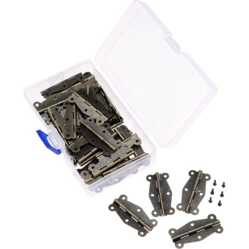 20Pcs 50*25mm Iron Jewelry Wood Boxes Cabinet Door Furniture Hinges Set Mini Decorative Hinge with Storage Box & 120Pcs Screws