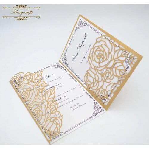 50pc Tri-fold rose design wedding decoration laser cut pocket invitation cards