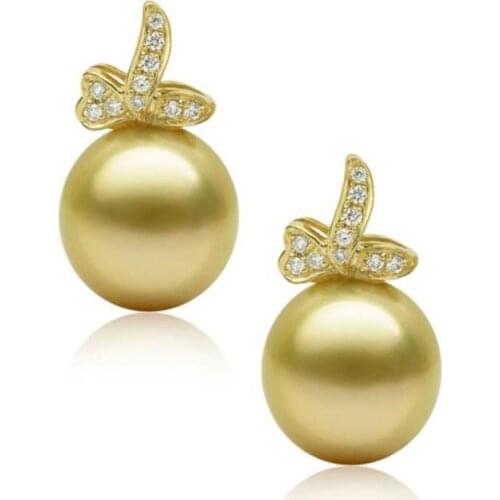 Free Shipping 11-12MM AAA Golden Genuine South Sea Pearl Diamond Drop Earrings 18K Yellow Gold
