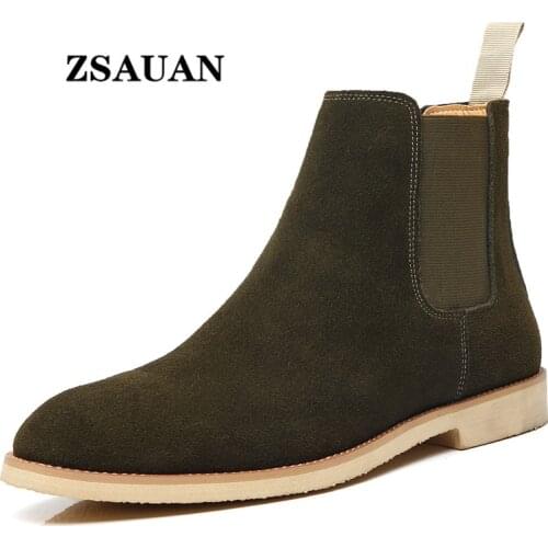 ZSAUAN Classic Cow Suede Leather Men Chelsea Boots High Quality Casual Men Shoes Green Beige Plus Size Winter Boots Men Dropship