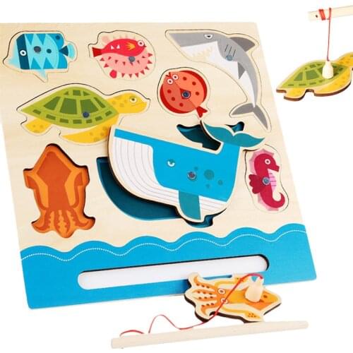 Baby Montessori Magnetic Fishing Games Puzzle Toys Marine Animal Shape Matching Board Games Educational Wooden Toys For Children