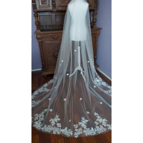 Cathedral Length Soft Wedding Veil, Flower Lace Bridal veil, Bridal tulle veil, Lace edge Wedding veil, Ivory/White veil