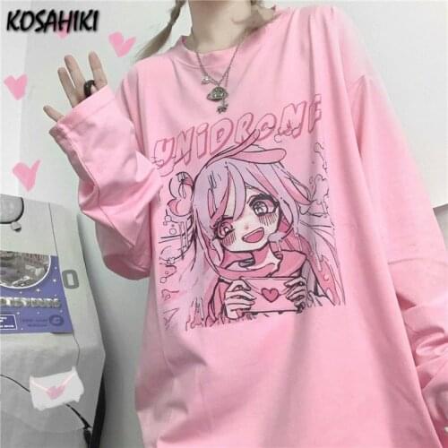 KOSAHIKI Japanese Graphic T Shirts Women 2021 Fashion Women T Shirt Loose Long Sleeve Streetwear Kawaii Crewneck Print Tshirt