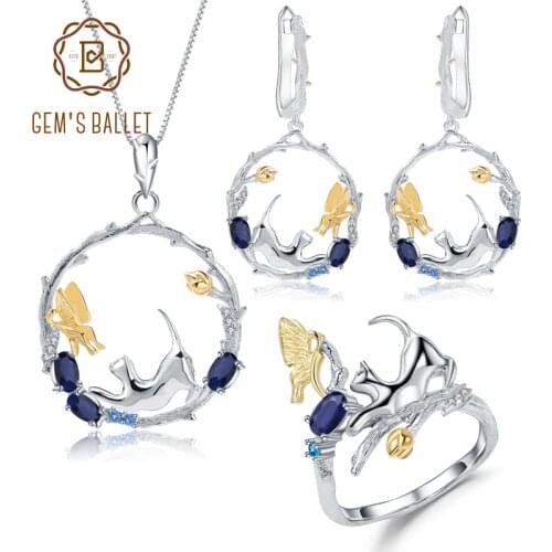 GEMS BALLET 925 Sterling Silver Ring Earrings Pendant Sets Natural Blue Sapphire Handmade Cat & Butterfly Jewelry Set For Women
