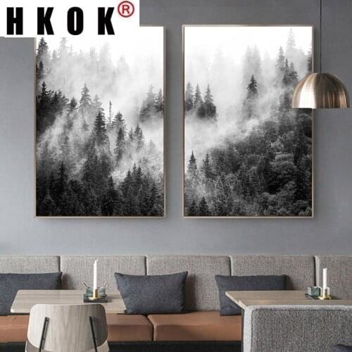 HKOK Nature Forest Wall Art Black White Tree Posters Prints Foggy Landscape Canvas Painting Picture For Living Room Home Decor