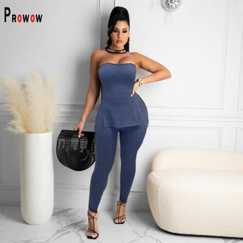 Prowow Women Ribbed Clothing Set Split Corset Tops Full Pant Spring Two Piece Bodycon Outfits Casual Female Ladies Streetwear