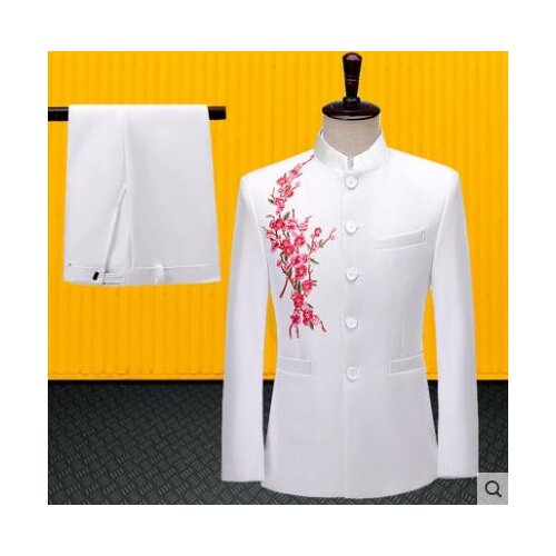 Stage blazer men Chinese tunic suit set pants retro mens suits singer embroidery Plum blossom formal dress mens groom suit