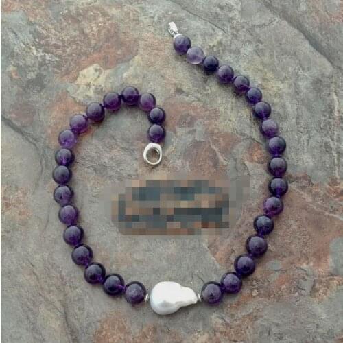 Beautiful 19" White Keshi Pearl 12mm Purple crystal Necklace