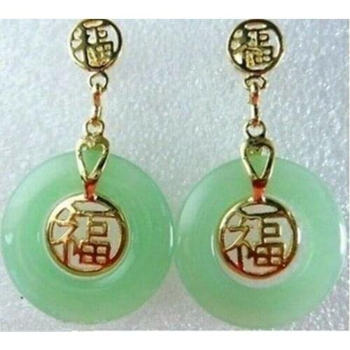Beautiful 1Pairs Stunning Jewellery Green Jade Fortune Earrings AAAA