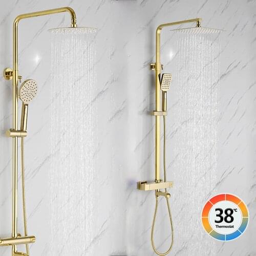 Brushed Gold Thermostatic Bathroom Shower Faucet Set Rainfall Shower HeadThermostat Shower Faucet System Ceiling Or Wall Mounted
