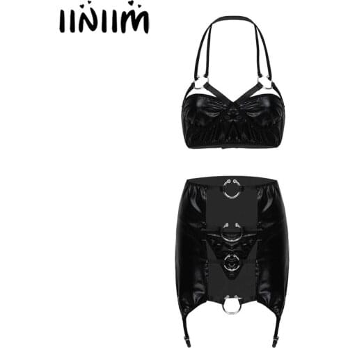 Womens Fashion Moto Sexy Clubwear Costumes Wetlook Leather Party Lingerie Set Underwired Bra Top with High Waist Garter Panties