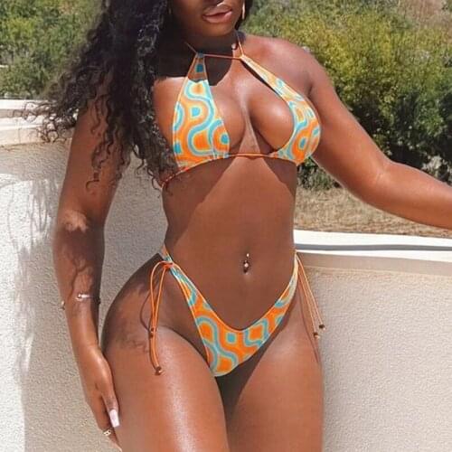 Mossha 2021 Hater push up bikini set Hollow out swimsuit women String swimming suit Retro print swimwear High cut bathing suit