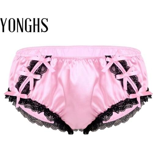 Mens Sissy Lingerie Bikini Panties for Sex Shiny Ruffled Floral Lace Satin Low Rise Stretchy Hot Bikini Sissy Briefs Underwear