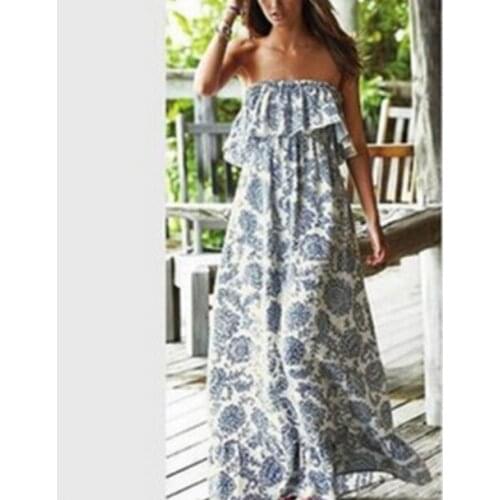 2021 The New Blue And White Porcelain Horizontal Neck Loose-Fit Sleeveless Tube Top Dress
