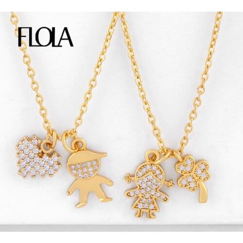FLOLA Heart Boys Girls Kids Pendants Necklaces For Women Family Love Necklaces Figure Cubic Zirconia Gold Women Jewelry nkeq26