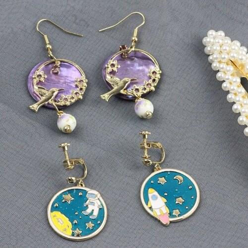 Timlee E045 Contracted Earth Astronaut Rocket Flower Star Moon Rhinestone Alloy Drop Earring Beautiful Jewelry wholesale