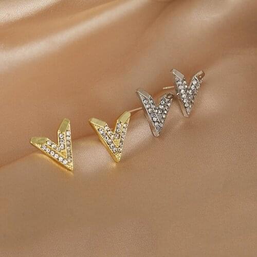 Rhinestone Earrings For Women Korean Fashion Petite V Letter Geometric Woman Earring Trendy Jewelry Accessories Wholesale 2021