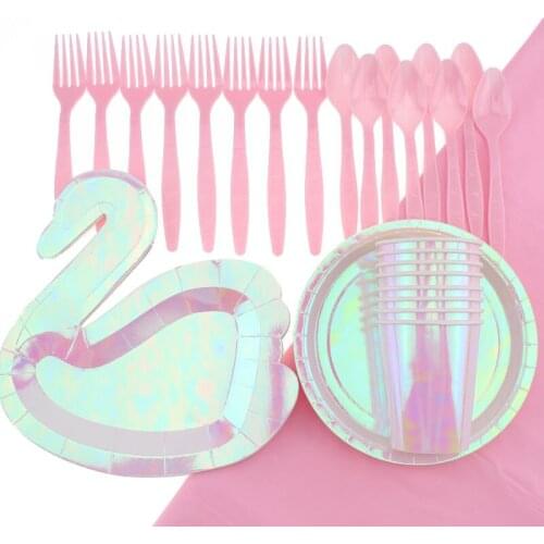 Swan Theme Party Tableware Birthday Party Decorations Baby Shower Laser Theme Plates Cups Disposable Tableware Party Supplies
