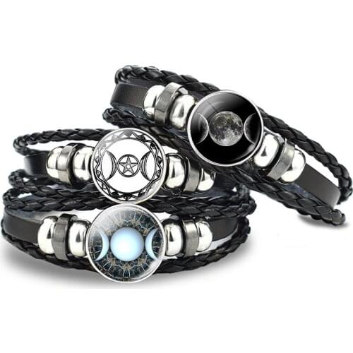 Triple Moon Goddess Bracelet Men Gothic Braided Leather Bracelet Witchcraft Accessories