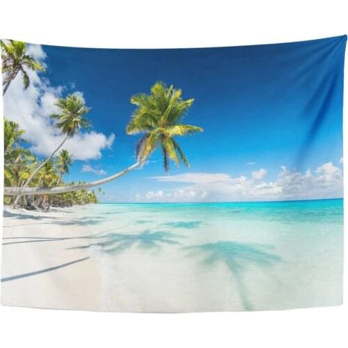 Tropical Scenery View on Pk9 Beach of Fakarava in French Polynesia with Perfect White Sand Palm Trees Tapestry Home Decor