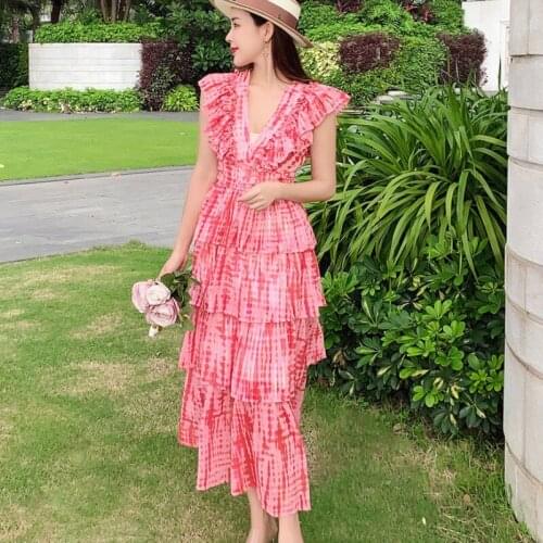 Vintage Women Print Boho Chiffon Cake Dress 2021 Vestidos Fashion Sexy Backless Lace Up Cascading Ruffles Maxi Dresses