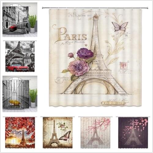 Eiffel Tower Shower Curtains Decoration Valentines Day Romantic Bathroom Decor Waterproof Polyester Bath Cloth Curtain Set