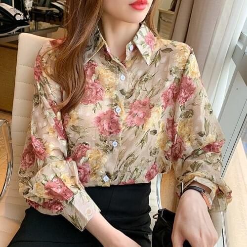 Floral Shirts Women 2021 Long Sleeve Chiffon Korean Trendy Elegant Baggy Plus Size Popular Tender Female Blouses Top Autumn