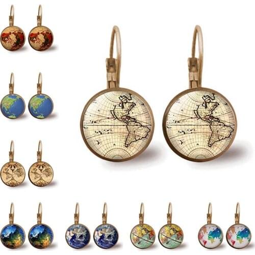 New American Movie Map Brass Post Womens Glass Punk Jewelry Stud Earth World Map 1pair / Lot Arrow Vintage Earrings Steampunk