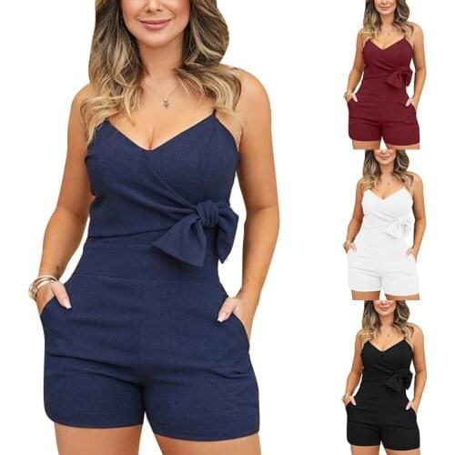 Women Summer Sexy Suspender Tie Solid Color Romper Lady Jumpsuit Female Playsuit Overalls