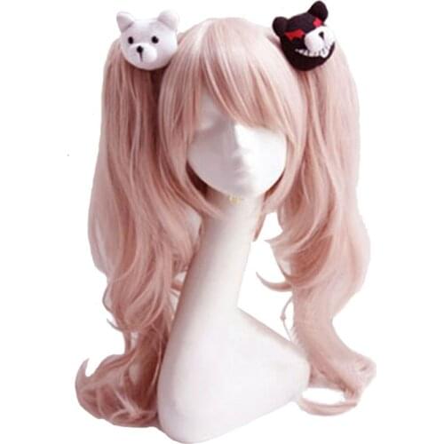 Dangan Ronpa Danganronpa Enoshima Junko Cosplay Wig Pink Mixed Long Wavy Heat Resistant Cosplay Wig + Bear Hairpins + Wig Cap