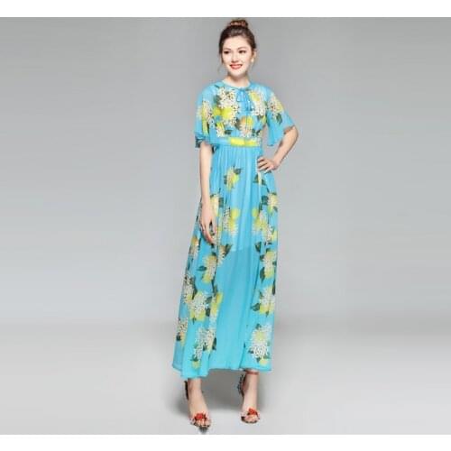 High Quality 2020 Summer New Arrival A-Line O-Neck Short Sleeve Lemon Flower Print Elegant Ankle-Length Long Dress Women
