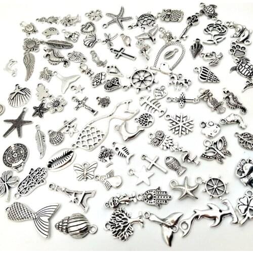 100pcs Bulk Wholesale Antique Silver Mixed Style Pendant Jewelry Findings DIY Necklace Bracelet Making Accessory