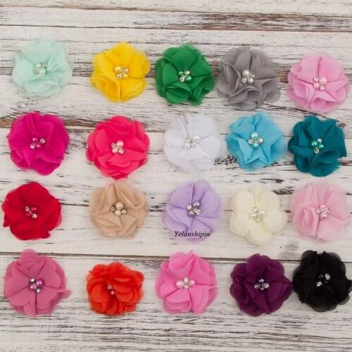 120pcs/lot 2" 20 Colors Hair Clip DIY Mini Chiffon Flowers Whit Pearl Rhinestone For Flower Headband Wholesale Hair Accessories