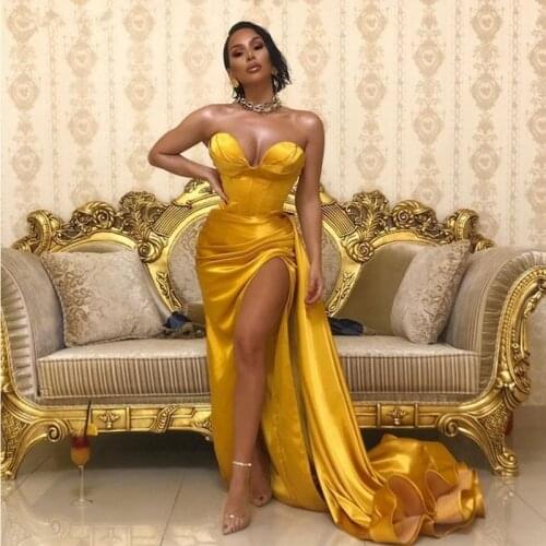 Mermaid Satin Prom Dresses 2021 Sexy Side Split Sweetheart Court Train robe de soirée de mariage Dubai African Vestidos De Festa