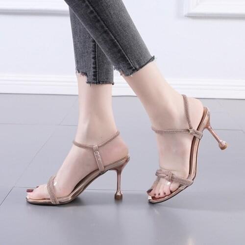 New Summer Sandals Women Shoes Korean Style Thin High Heels Party Shoes Rhinestone Buckle Sandals Lady