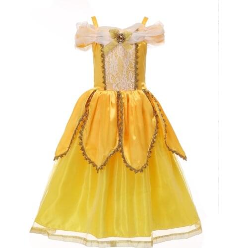 Children Belle Princess Dress Girl Evening Beauty Prom Summer Yellow Costume Kids Flower Off Shoulder Party Short Sleeve Clothes