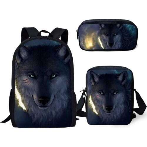 HaoYun Kids Backpacks 3PCs Set Fantasy Moon Wolf Pattern School Bags Kawaii Animal Print Students Backpack/Flaps Bag/Pen Bag